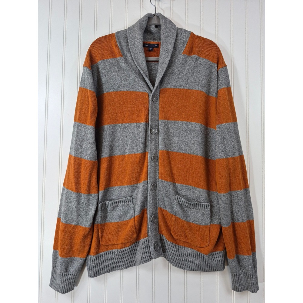 Gap Mens Shawl Collar Rugby Stripe Cardigan Sweater Orange Grey XL Preppy Cozy